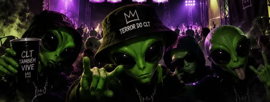 Aliens verdes de bucket hat e óculos escuros curtindo a festa na frente do palco com luzes roxas